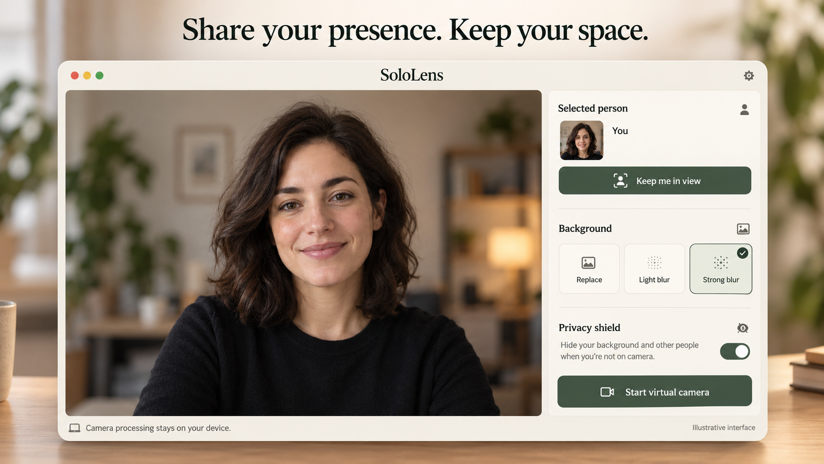 Illustrative SoloLens camera app with background and privacy shield controls